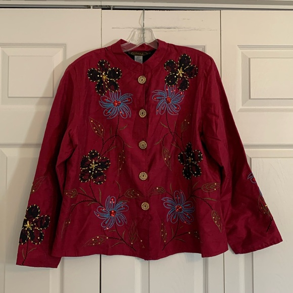 Embroidered Jacket Women’s 1X Button Down Mandarin Collar Berry.   K1 - Picture 1 of 11